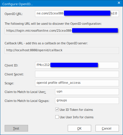 The OpenID configuration settings for Azure