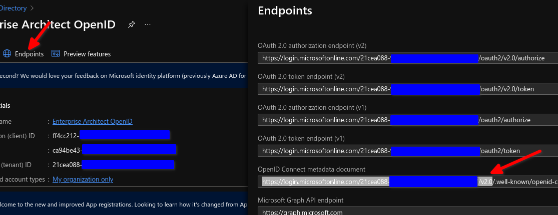 Shows the endpoints for an Azure App Registration