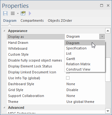 List of alternative views available from the diagram properties window