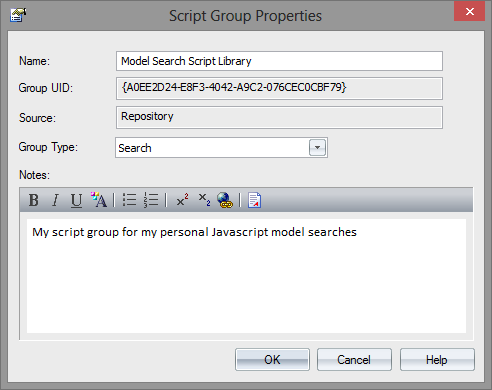 The properties dialog for a script group