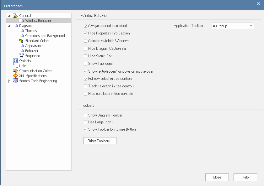 Windows Behavior page of the User Preferences dialog in Sparx Systems Enterprise Architect.