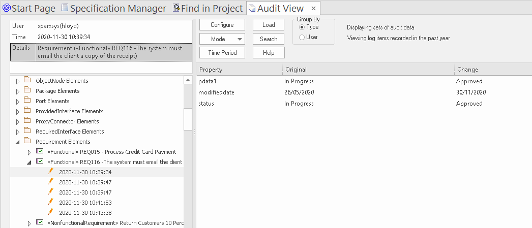 Showing the status change of a requirement in the Audit View in Sparx Systems Enterprise Architect.