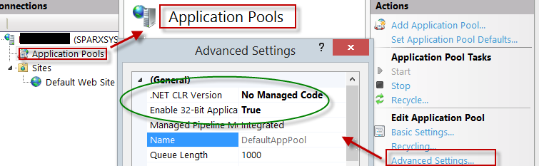 The settings for 32-bit applications in the IIS Application Pools Advanced Settings view.