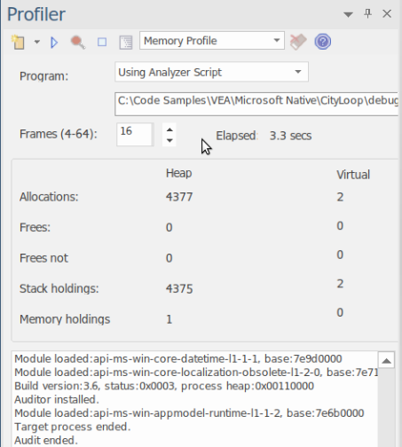 Memory profiling interface in Enterprise Architect