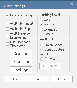 The Audit Settings dialog in Sparx Systems Enterprise Architect. The Audit Settings dialog in Sparx Systems Enterprise Architect.