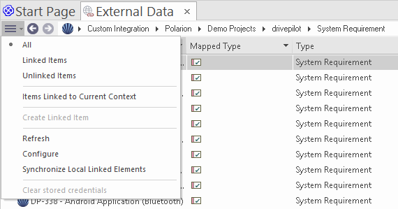 External Data Menu External Data Menu