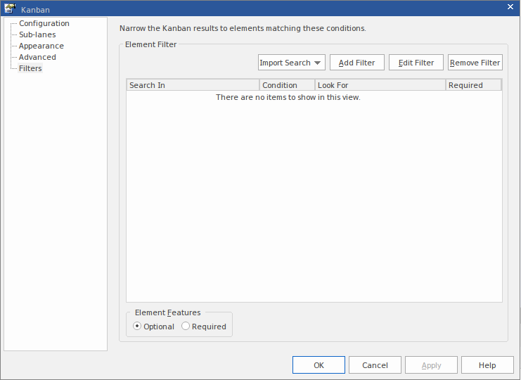 Setting filters on a Kanban Diagram in Sparx Systems Enterprise Architect. Setting filters on a Kanban Diagram in Sparx Systems Enterprise Architect.