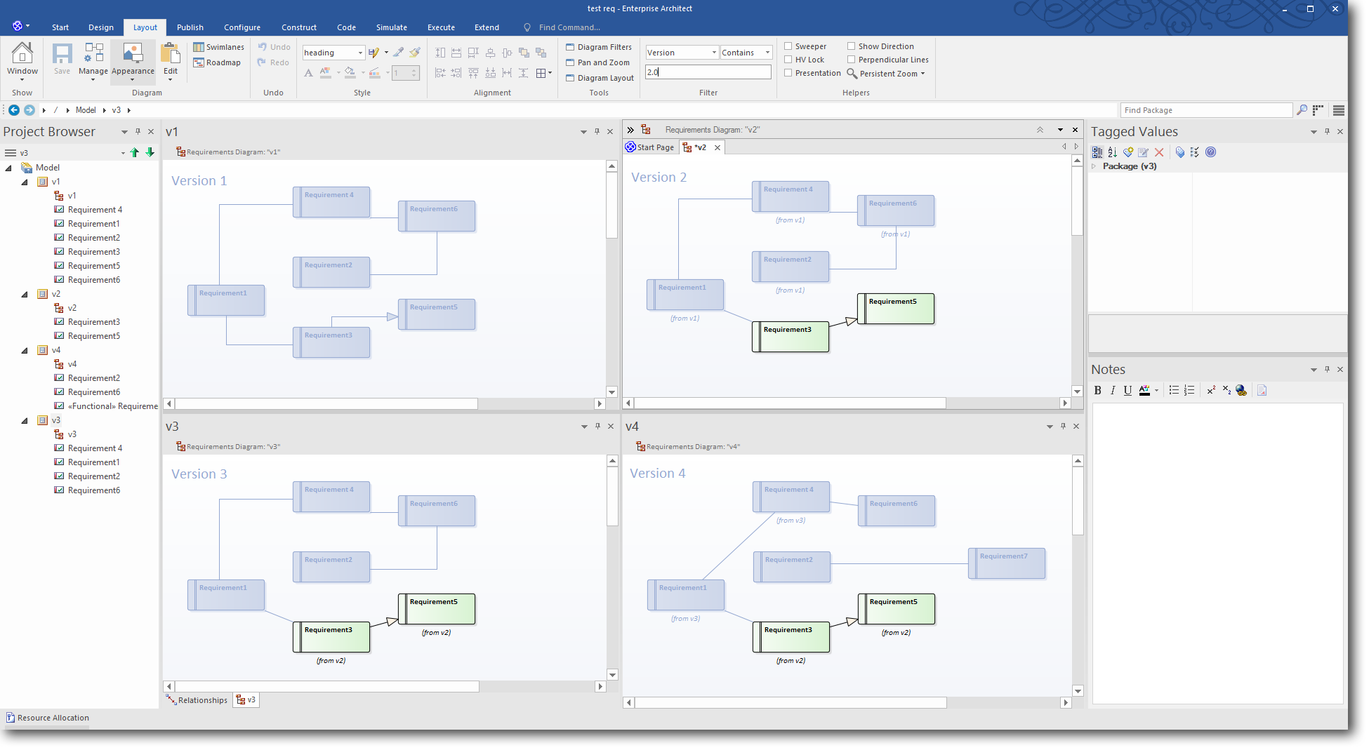 Enterprise Architect 13: Time Aware Modeling - Using a Diagram Filter to highlight Version 2.0 elements