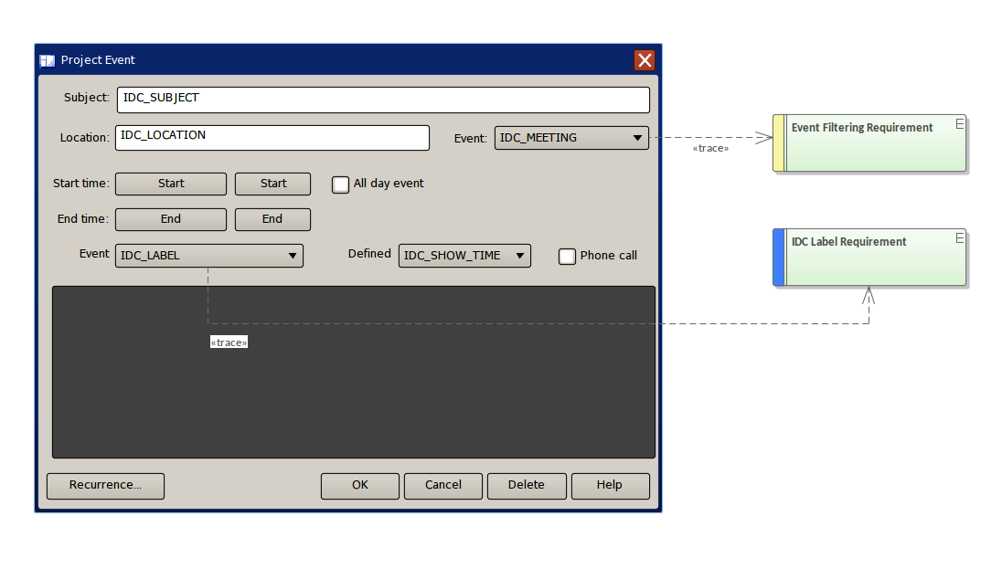 Wireframe - Win32 Dialog Linked to Requirements